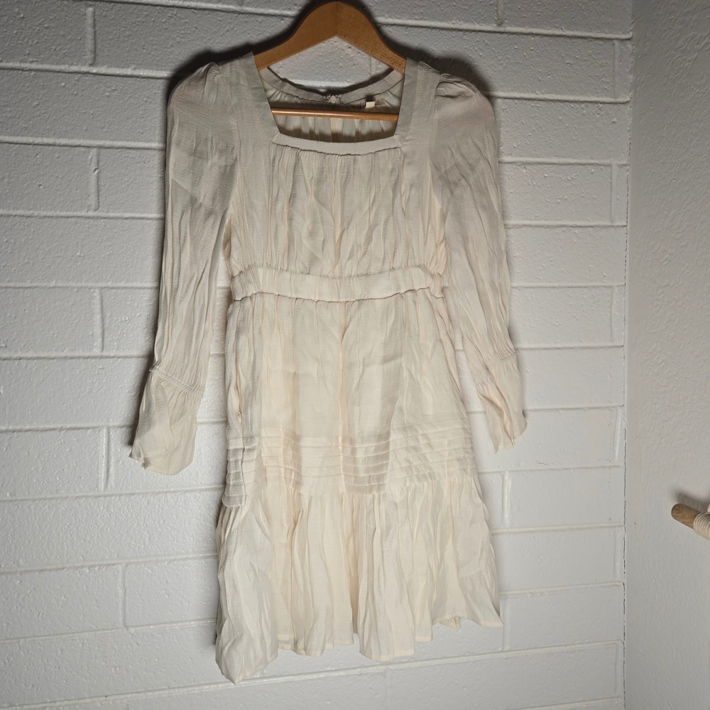 Listicle Womens Mini Dress Cream Tencel Ruffle Tiered Boho Square Neck S